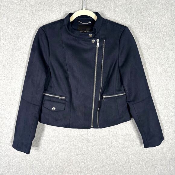 Banana Republic Jacket‎ Medium Navy Faux Suede Moto Crop Zippers Vegan Petite - Picture 1 of 14